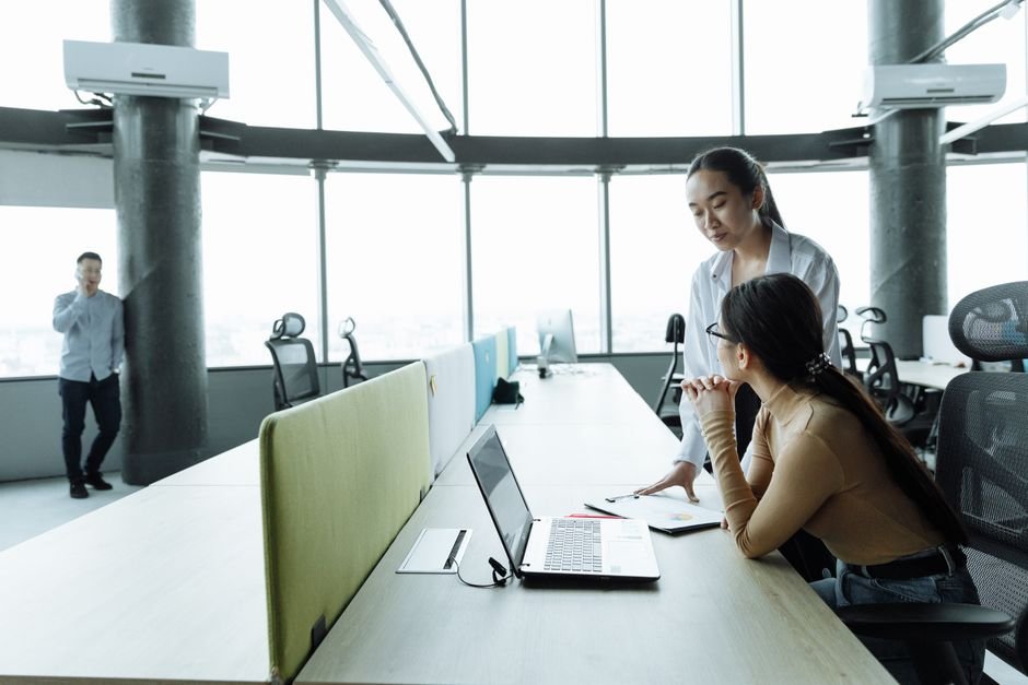 Wide view of a bright office workspace